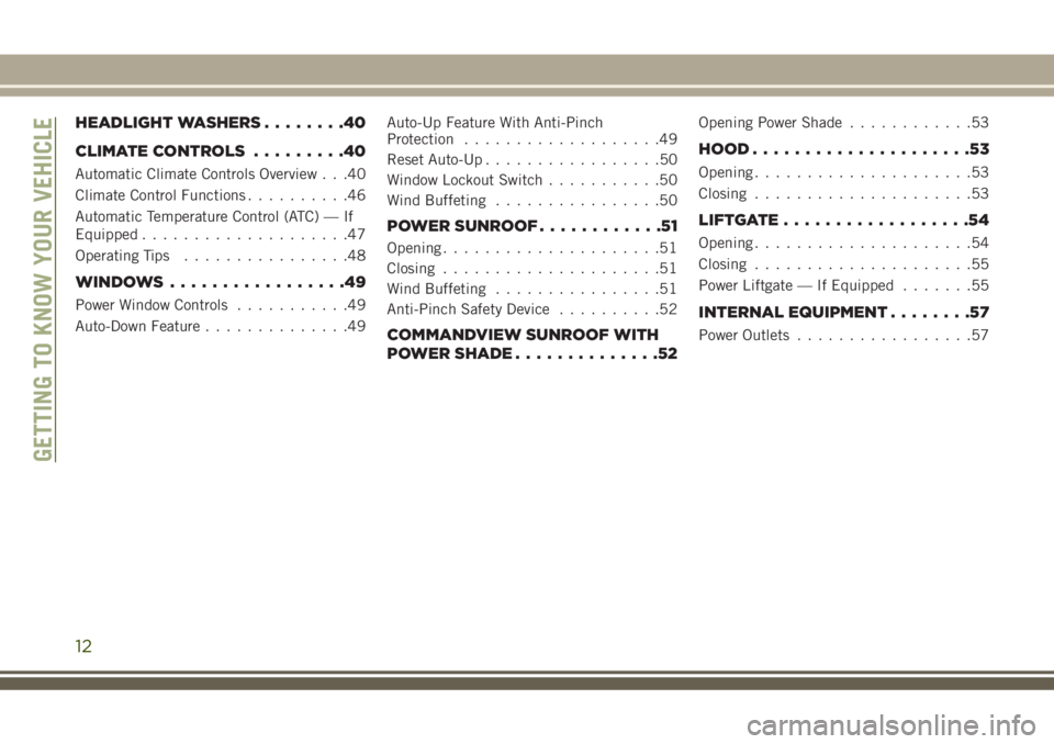 JEEP GRAND CHEROKEE 2018 Owner handbook (in English) HEADLIGHT WASHERS........40
CLIMATE CONTROLS.........40
Automatic Climate Controls Overview . . .40
Climate Control Functions..........46
Automatic Temperature Control (ATC) — If
Equipped........... JEEP GRAND CHEROKEE 2018 Owner handbook (in English) HEADLIGHT WASHERS........40
CLIMATE CONTROLS.........40
Automatic Climate Controls Overview . . .40
Climate Control Functions..........46
Automatic Temperature Control (ATC) — If
Equipped...........