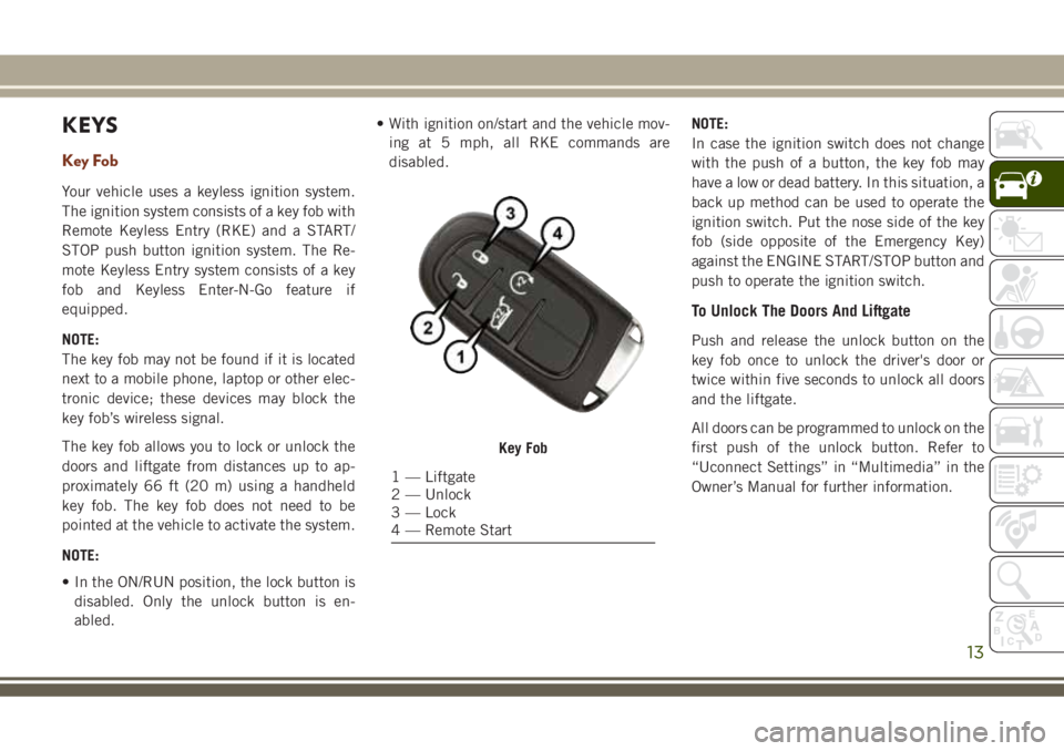 JEEP GRAND CHEROKEE 2018 Owner handbook (in English) KEYS
Key Fob
Your vehicle uses a keyless ignition system.
The ignition system consists of a key fob with
Remote Keyless Entry (RKE) and a START/
STOP push button ignition system. The Re-
mote Keyless JEEP GRAND CHEROKEE 2018 Owner handbook (in English) KEYS
Key Fob
Your vehicle uses a keyless ignition system.
The ignition system consists of a key fob with
Remote Keyless Entry (RKE) and a START/
STOP push button ignition system. The Re-
mote Keyless