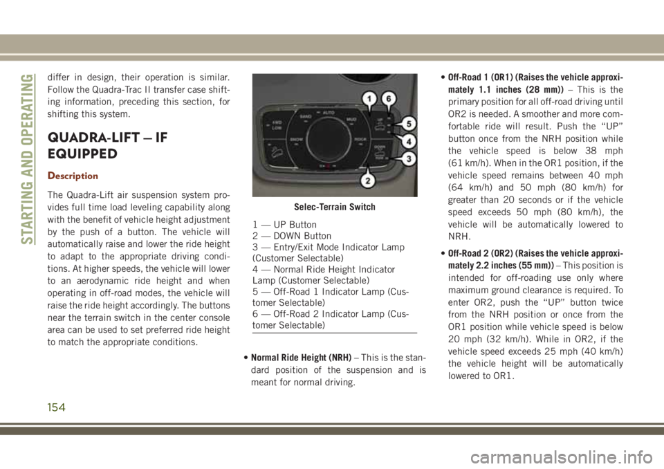 JEEP GRAND CHEROKEE 2018 Owner handbook (in English) differ in design, their operation is similar.
Follow the Quadra-Trac II transfer case shift-
ing information, preceding this section, for
shifting this system.
QUADRA-LIFT — IF
EQUIPPED
Description
JEEP GRAND CHEROKEE 2018 Owner handbook (in English) differ in design, their operation is similar.
Follow the Quadra-Trac II transfer case shift-
ing information, preceding this section, for
shifting this system.
QUADRA-LIFT — IF
EQUIPPED
Description