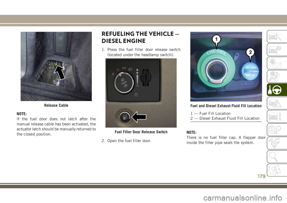 JEEP GRAND CHEROKEE 2018 Owner handbook (in English) NOTE:
If the fuel door does not latch after the
manual release cable has been activated, the
actuator latch should be manually returned to
the closed position.
REFUELING THE VEHICLE —
DIESEL ENGINE
JEEP GRAND CHEROKEE 2018 Owner handbook (in English) NOTE:
If the fuel door does not latch after the
manual release cable has been activated, the
actuator latch should be manually returned to
the closed position.
REFUELING THE VEHICLE —
DIESEL ENGINE