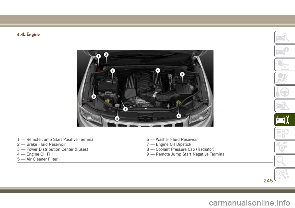 JEEP GRAND CHEROKEE 2018 Owner handbook (in English) 6.4L Engine
1 — Remote Jump Start Positive Terminal 6 — Washer Fluid Reservoir
2 — Brake Fluid Reservoir 7 — Engine Oil Dipstick
3 — Power Distribution Center (Fuses) 8 — Coolant Pressure JEEP GRAND CHEROKEE 2018 Owner handbook (in English) 6.4L Engine
1 — Remote Jump Start Positive Terminal 6 — Washer Fluid Reservoir
2 — Brake Fluid Reservoir 7 — Engine Oil Dipstick
3 — Power Distribution Center (Fuses) 8 — Coolant Pressure