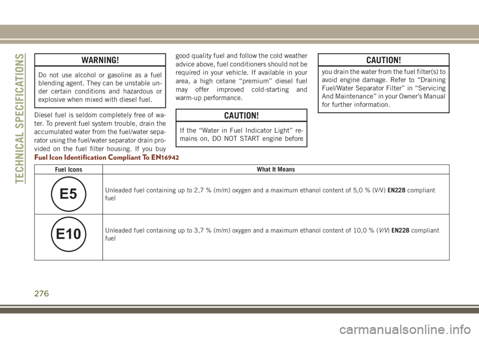 JEEP GRAND CHEROKEE 2018  Owner handbook (in English) WARNING!
Do not use alcohol or gasoline as a fuel
blending agent. They can be unstable un-
der certain conditions and hazardous or
explosive when mixed with diesel fuel.
Diesel fuel is seldom complete