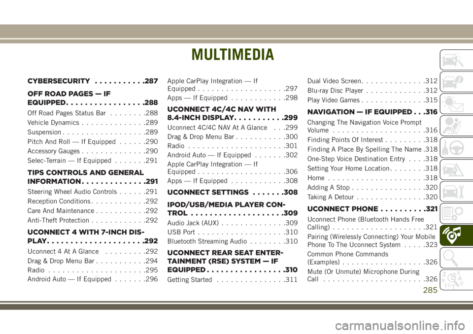 JEEP GRAND CHEROKEE 2018 Owner handbook (in English) MULTIMEDIA
CYBERSECURITY...........287
OFF ROAD PAGES — IF
EQUIPPED.................288
Off Road Pages Status Bar........288
Vehicle Dynamics..............289
Suspension..................289
Pitch A JEEP GRAND CHEROKEE 2018 Owner handbook (in English) MULTIMEDIA
CYBERSECURITY...........287
OFF ROAD PAGES — IF
EQUIPPED.................288
Off Road Pages Status Bar........288
Vehicle Dynamics..............289
Suspension..................289
Pitch A