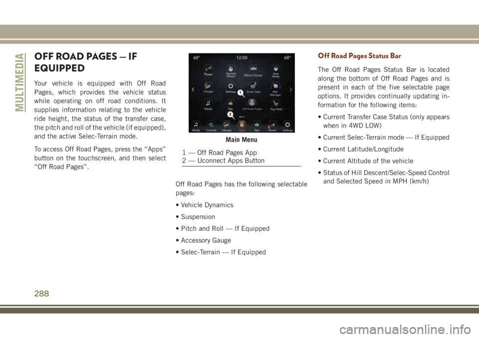 JEEP GRAND CHEROKEE 2018 Owner handbook (in English) OFF ROAD PAGES — IF
EQUIPPED
Your vehicle is equipped with Off Road
Pages, which provides the vehicle status
while operating on off road conditions. It
supplies information relating to the vehicle
r JEEP GRAND CHEROKEE 2018 Owner handbook (in English) OFF ROAD PAGES — IF
EQUIPPED
Your vehicle is equipped with Off Road
Pages, which provides the vehicle status
while operating on off road conditions. It
supplies information relating to the vehicle
r