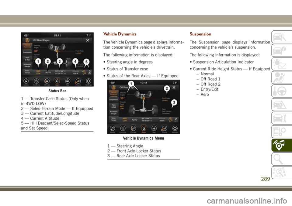 JEEP GRAND CHEROKEE 2018 Owner handbook (in English) Vehicle Dynamics
The Vehicle Dynamics page displays informa-
tion concerning the vehicle’s drivetrain.
The following information is displayed:
• Steering angle in degrees
• Status of Transfer ca JEEP GRAND CHEROKEE 2018 Owner handbook (in English) Vehicle Dynamics
The Vehicle Dynamics page displays informa-
tion concerning the vehicle’s drivetrain.
The following information is displayed:
• Steering angle in degrees
• Status of Transfer ca