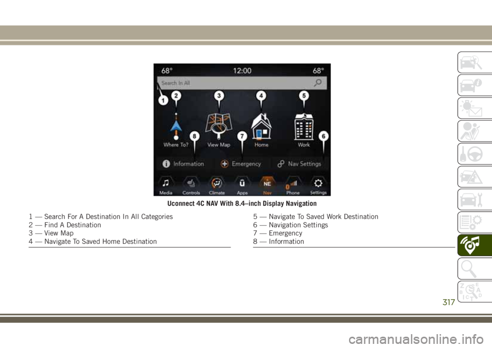JEEP GRAND CHEROKEE 2018 Owner handbook (in English) Uconnect 4C NAV With 8.4–inch Display Navigation
1 — Search For A Destination In All Categories
2 — Find A Destination
3 — View Map
4 — Navigate To Saved Home Destination5 — Navigate To Sa JEEP GRAND CHEROKEE 2018 Owner handbook (in English) Uconnect 4C NAV With 8.4–inch Display Navigation
1 — Search For A Destination In All Categories
2 — Find A Destination
3 — View Map
4 — Navigate To Saved Home Destination5 — Navigate To Sa