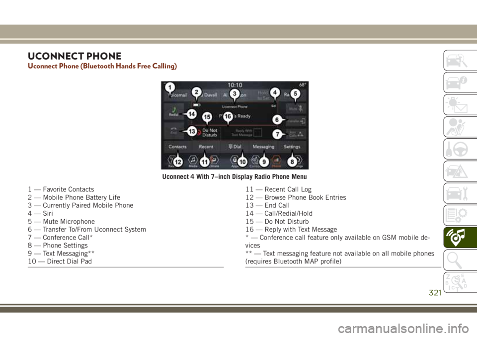JEEP GRAND CHEROKEE 2018 Owner handbook (in English) UCONNECT PHONE
Uconnect Phone (Bluetooth Hands Free Calling)
Uconnect 4 With 7–inch Display Radio Phone Menu
1 — Favorite Contacts
2 — Mobile Phone Battery Life
3 — Currently Paired Mobile Pho JEEP GRAND CHEROKEE 2018 Owner handbook (in English) UCONNECT PHONE
Uconnect Phone (Bluetooth Hands Free Calling)
Uconnect 4 With 7–inch Display Radio Phone Menu
1 — Favorite Contacts
2 — Mobile Phone Battery Life
3 — Currently Paired Mobile Pho