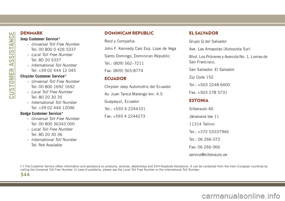 JEEP GRAND CHEROKEE 2018 Owner handbook (in English) DENMARK
Jeep Customer Service*
–Universal Toll Free Number
Tel: 00 800 0 426 5337
–Local Toll Free Number
Tel: 80 20 5337
–International Toll Number
Tel: +39 02 444 12 045
Chrysler Customer Serv JEEP GRAND CHEROKEE 2018 Owner handbook (in English) DENMARK
Jeep Customer Service*
–Universal Toll Free Number
Tel: 00 800 0 426 5337
–Local Toll Free Number
Tel: 80 20 5337
–International Toll Number
Tel: +39 02 444 12 045
Chrysler Customer Serv
