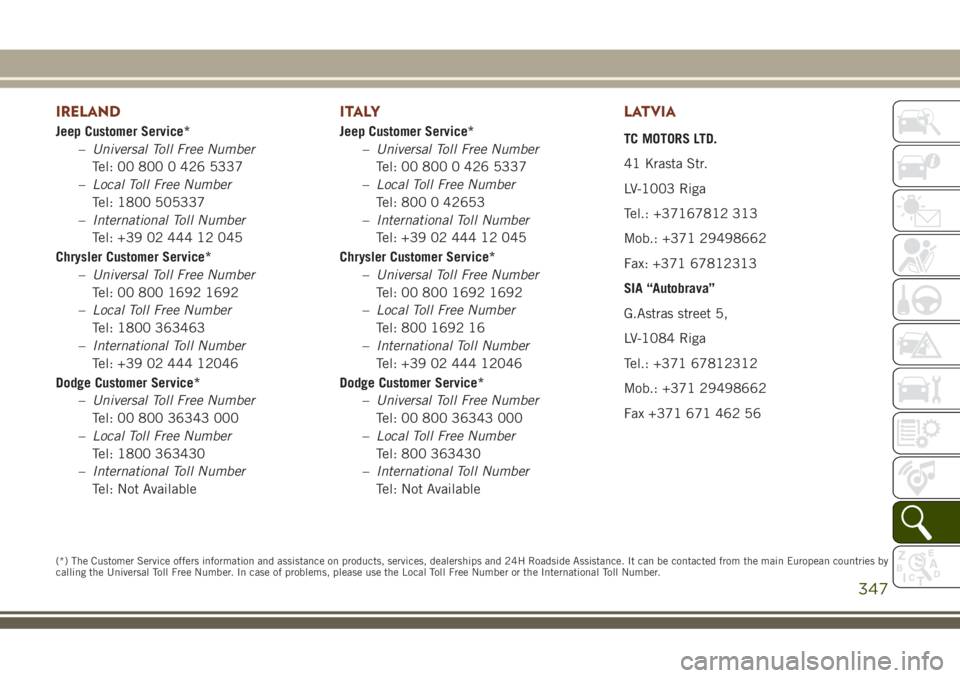 JEEP GRAND CHEROKEE 2018 Owner handbook (in English) IRELAND
Jeep Customer Service*
–Universal Toll Free Number
Tel: 00 800 0 426 5337
–Local Toll Free Number
Tel: 1800 505337
–International Toll Number
Tel: +39 02 444 12 045
Chrysler Customer Ser JEEP GRAND CHEROKEE 2018 Owner handbook (in English) IRELAND
Jeep Customer Service*
–Universal Toll Free Number
Tel: 00 800 0 426 5337
–Local Toll Free Number
Tel: 1800 505337
–International Toll Number
Tel: +39 02 444 12 045
Chrysler Customer Ser