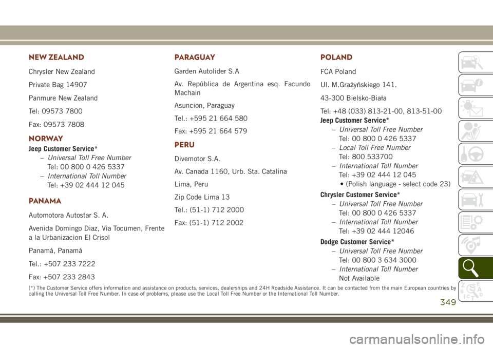 JEEP GRAND CHEROKEE 2018  Owner handbook (in English) NEW ZEALAND
Chrysler New Zealand
Private Bag 14907
Panmure New Zealand
Tel: 09573 7800
Fax: 09573 7808
NORWAY
Jeep Customer Service*
–Universal Toll Free Number
Tel: 00 800 0 426 5337
–Internation