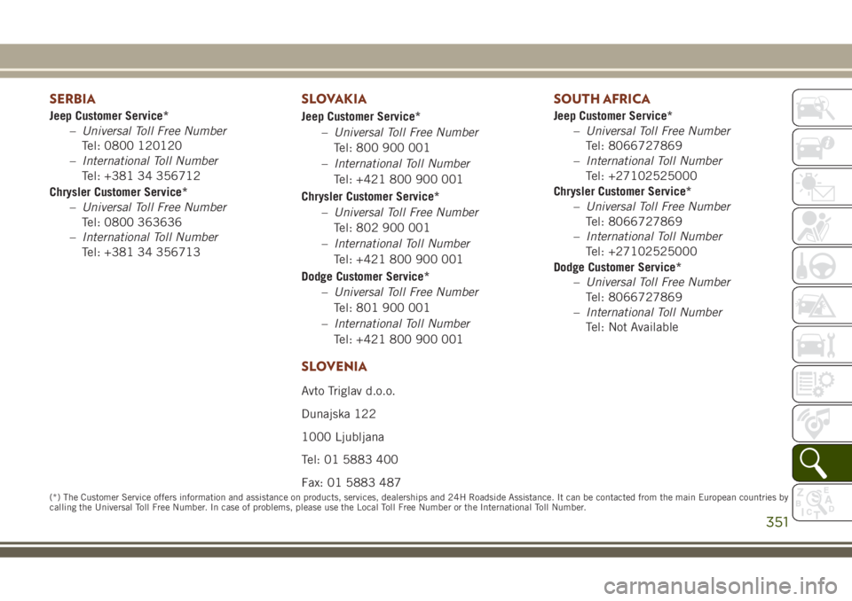 JEEP GRAND CHEROKEE 2018  Owner handbook (in English) SERBIA
Jeep Customer Service*
–Universal Toll Free Number
Tel: 0800 120120
–International Toll Number
Tel: +381 34 356712
Chrysler Customer Service*
–Universal Toll Free Number
Tel: 0800 363636
