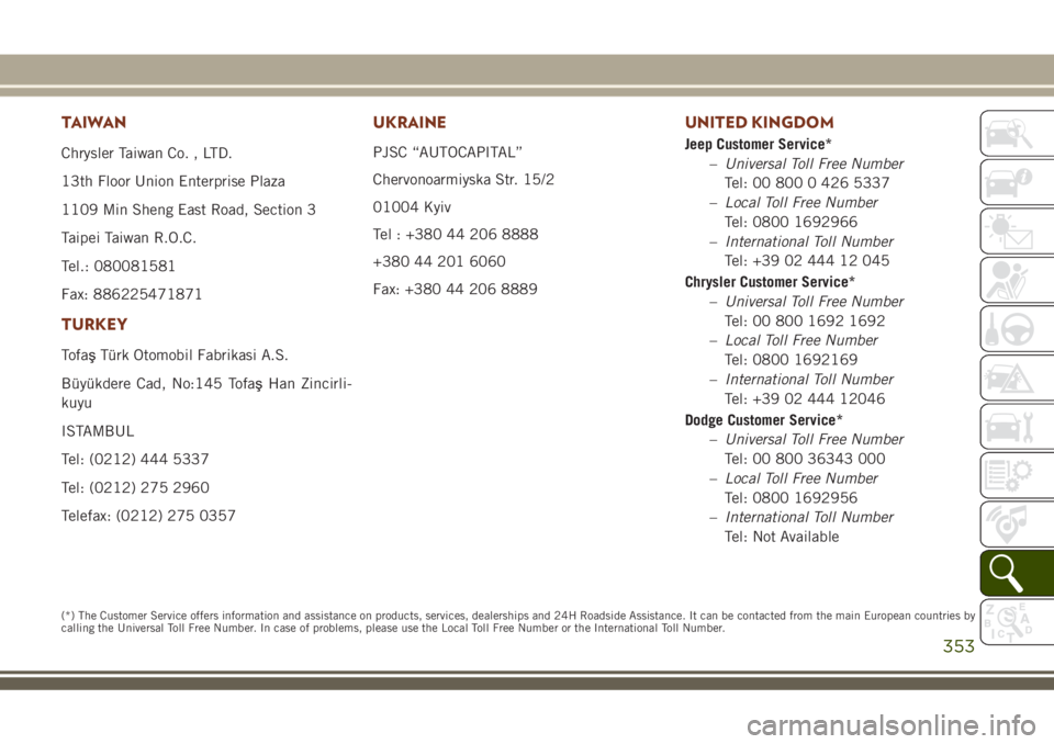 JEEP GRAND CHEROKEE 2018  Owner handbook (in English) TAIWAN
Chrysler Taiwan Co. , LTD.
13th Floor Union Enterprise Plaza
1109 Min Sheng East Road, Section 3
Taipei Taiwan R.O.C.
Tel.: 080081581
Fax: 886225471871
TURKEY
TofaşTürk Otomobil Fabrikasi A.S