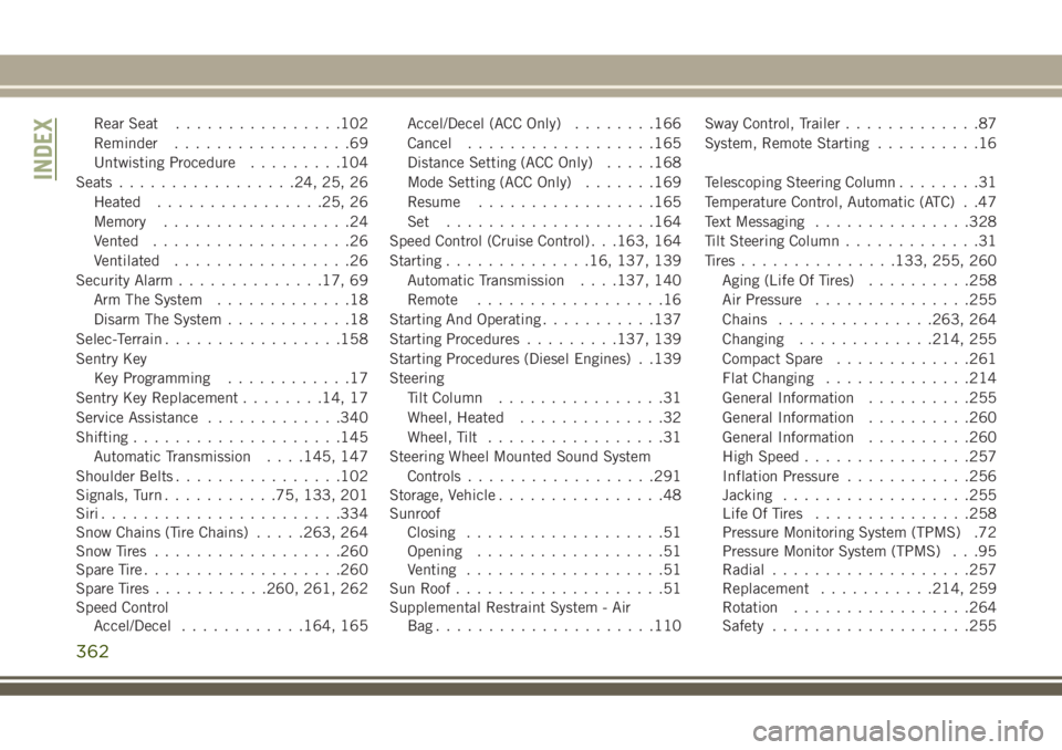 JEEP GRAND CHEROKEE 2018 Owner handbook (in English) Rear Seat................102
Reminder.................69
Untwisting Procedure.........104
Seats.................24, 25, 26
Heated................25, 26
Memory..................24
Vented............... JEEP GRAND CHEROKEE 2018 Owner handbook (in English) Rear Seat................102
Reminder.................69
Untwisting Procedure.........104
Seats.................24, 25, 26
Heated................25, 26
Memory..................24
Vented...............
