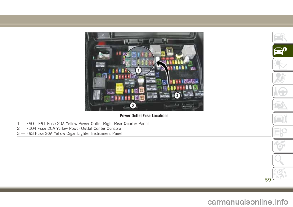 JEEP GRAND CHEROKEE 2018 Owner handbook (in English) Power Outlet Fuse Locations
1 — F90 – F91 Fuse 20A Yellow Power Outlet Right Rear Quarter Panel
2 — F104 Fuse 20A Yellow Power Outlet Center Console
3 — F93 Fuse 20A Yellow Cigar Lighter Instr JEEP GRAND CHEROKEE 2018 Owner handbook (in English) Power Outlet Fuse Locations
1 — F90 – F91 Fuse 20A Yellow Power Outlet Right Rear Quarter Panel
2 — F104 Fuse 20A Yellow Power Outlet Center Console
3 — F93 Fuse 20A Yellow Cigar Lighter Instr