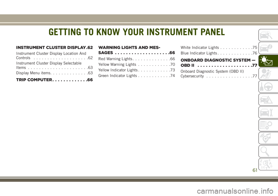 JEEP GRAND CHEROKEE 2018 Owner handbook (in English) GETTING TO KNOW YOUR INSTRUMENT PANEL
INSTRUMENT CLUSTER DISPLAY .62
Instrument Cluster Display Location And
Controls....................62
Instrument Cluster Display Selectable
Items................. JEEP GRAND CHEROKEE 2018 Owner handbook (in English) GETTING TO KNOW YOUR INSTRUMENT PANEL
INSTRUMENT CLUSTER DISPLAY .62
Instrument Cluster Display Location And
Controls....................62
Instrument Cluster Display Selectable
Items.................