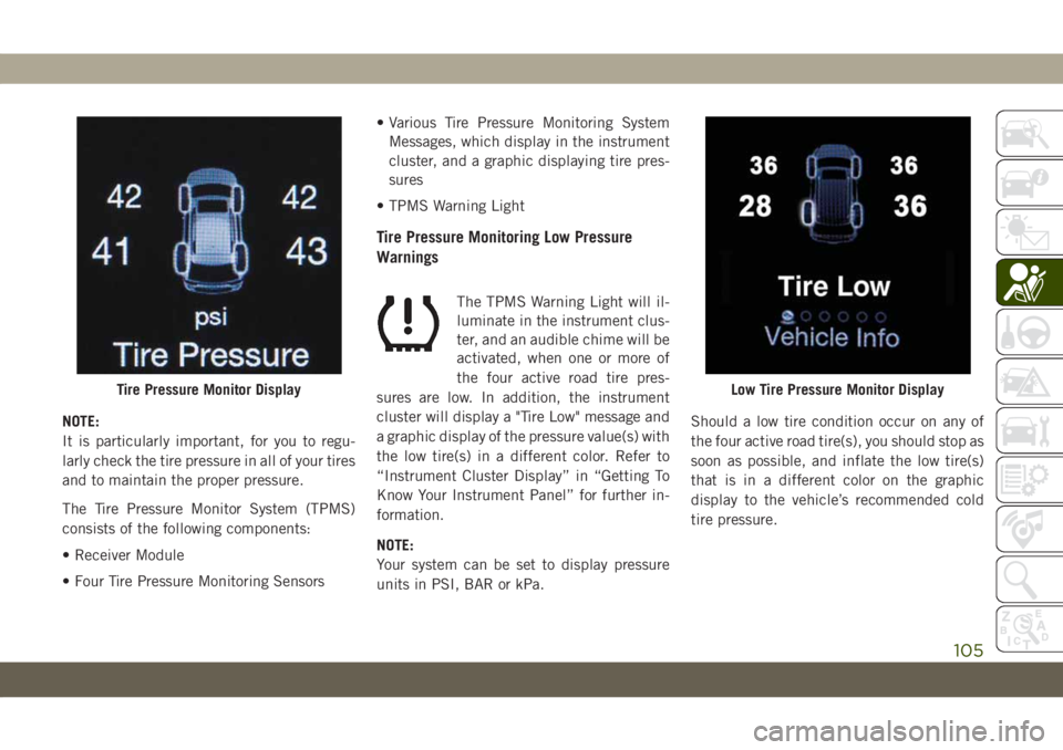 JEEP GRAND CHEROKEE 2020  Owner handbook (in English) NOTE:
It is particularly important, for you to regu-
larly check the tire pressure in all of your tires
and to maintain the proper pressure.
The Tire Pressure Monitor System (TPMS)
consists of the fol
