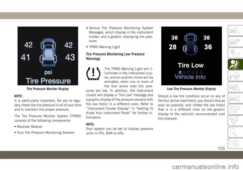JEEP GRAND CHEROKEE 2021 Owner handbook (in English) NOTE:
It is particularly important, for you to regu-
larly check the tire pressure in all of your tires
and to maintain the proper pressure.
The Tire Pressure Monitor System (TPMS)
consists of the fol JEEP GRAND CHEROKEE 2021 Owner handbook (in English) NOTE:
It is particularly important, for you to regu-
larly check the tire pressure in all of your tires
and to maintain the proper pressure.
The Tire Pressure Monitor System (TPMS)
consists of the fol