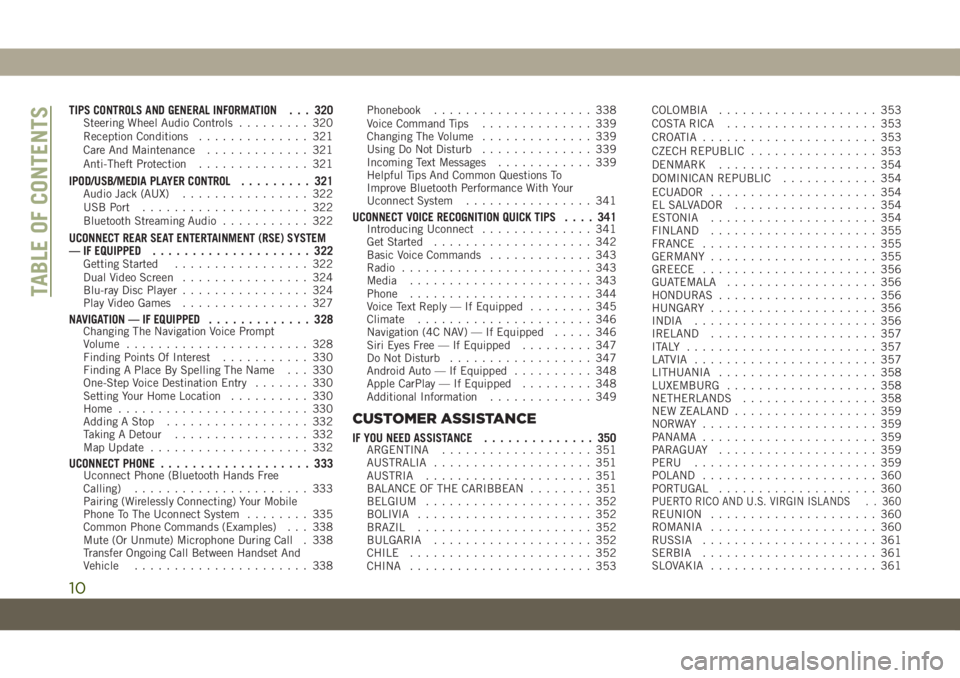 JEEP GRAND CHEROKEE 2020  Owner handbook (in English) TIPS CONTROLS AND GENERAL INFORMATION . . . 320Steering Wheel Audio Controls......... 320
Reception Conditions.............. 321
Care And Maintenance............. 321
Anti-Theft Protection............