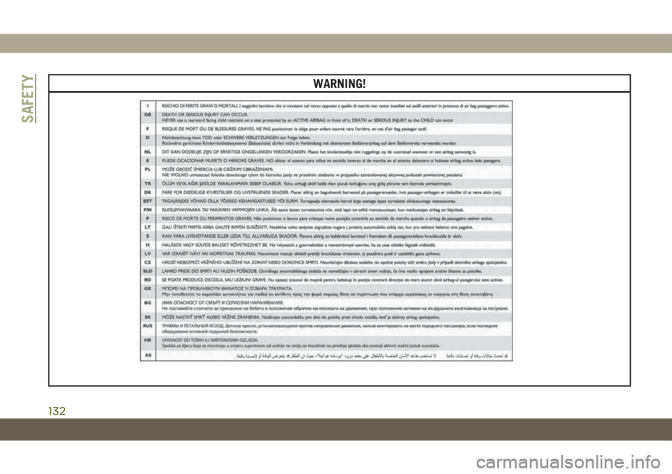 JEEP GRAND CHEROKEE 2021 Owner handbook (in English) WARNING!
SAFETY
132 JEEP GRAND CHEROKEE 2021 Owner handbook (in English) WARNING!
SAFETY
132