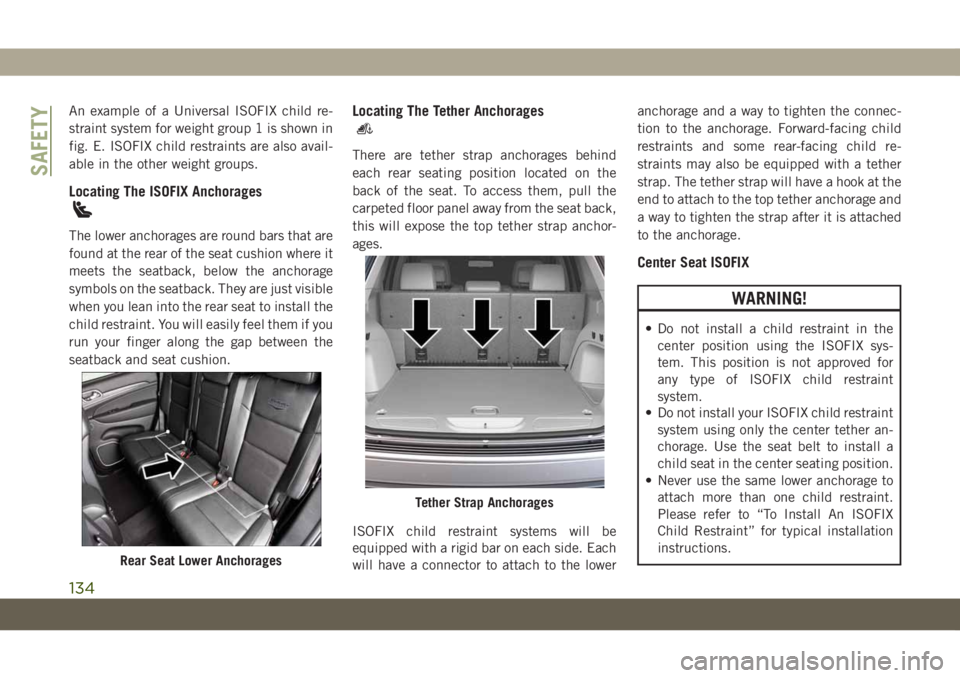 JEEP GRAND CHEROKEE 2021 Owner handbook (in English) An example of a Universal ISOFIX child re-
straint system for weight group 1 is shown in
fig. E. ISOFIX child restraints are also avail-
able in the other weight groups.
Locating The ISOFIX Anchorages JEEP GRAND CHEROKEE 2021 Owner handbook (in English) An example of a Universal ISOFIX child re-
straint system for weight group 1 is shown in
fig. E. ISOFIX child restraints are also avail-
able in the other weight groups.
Locating The ISOFIX Anchorages