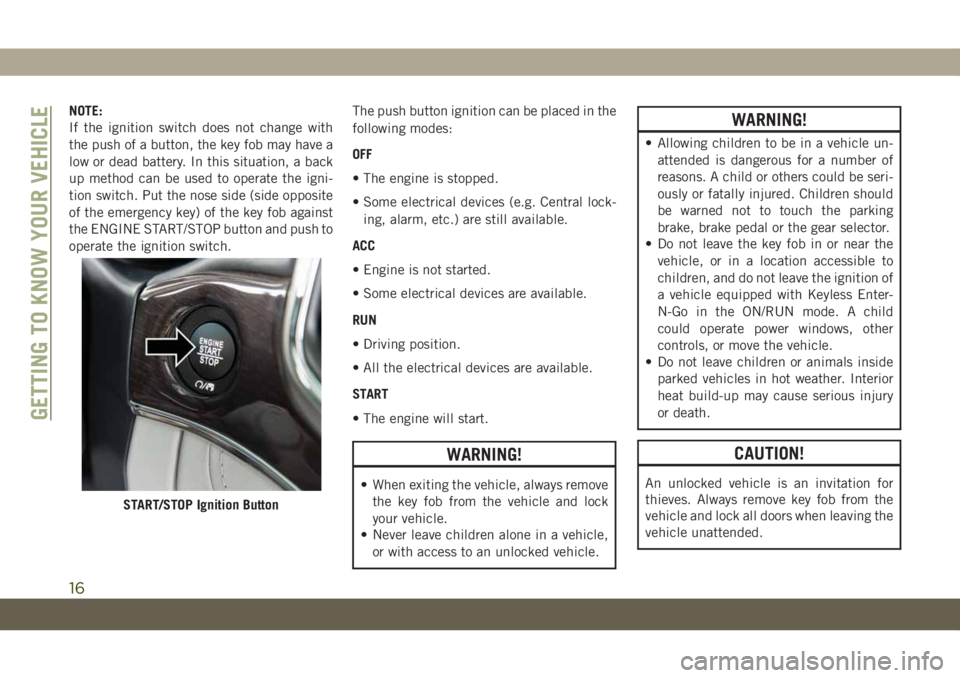 JEEP GRAND CHEROKEE 2021 Owner handbook (in English) NOTE:
If the ignition switch does not change with
the push of a button, the key fob may have a
low or dead battery. In this situation, a back
up method can be used to operate the igni-
tion switch. Pu JEEP GRAND CHEROKEE 2021 Owner handbook (in English) NOTE:
If the ignition switch does not change with
the push of a button, the key fob may have a
low or dead battery. In this situation, a back
up method can be used to operate the igni-
tion switch. Pu