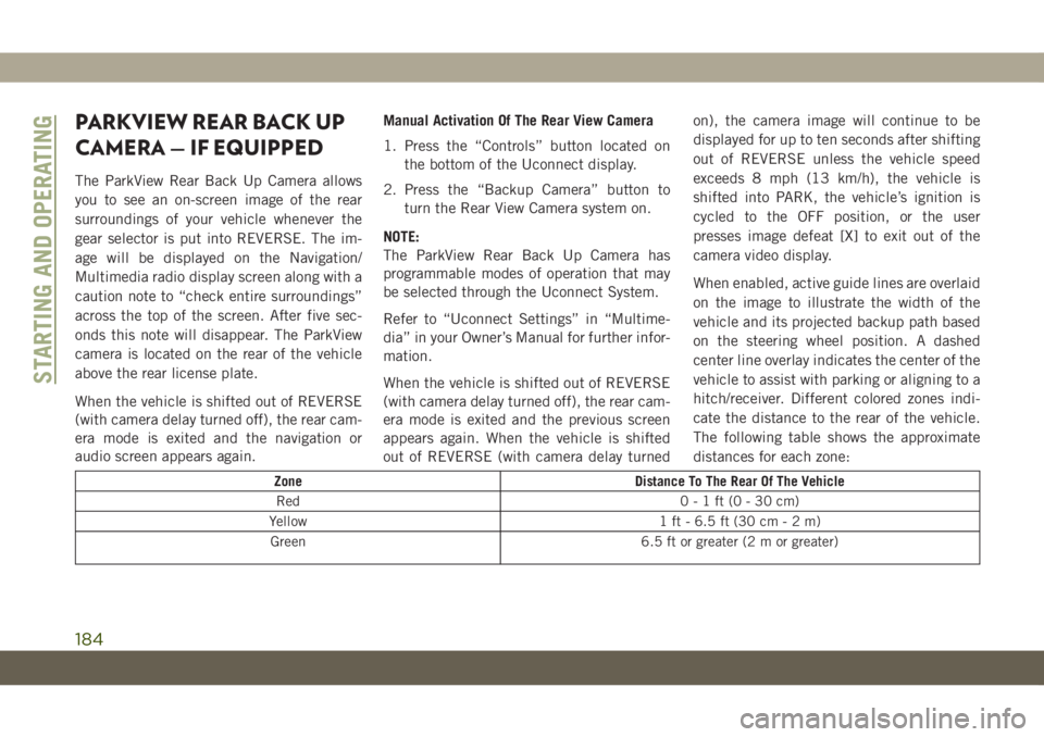 JEEP GRAND CHEROKEE 2021  Owner handbook (in English) PARKVIEW REAR BACK UP
CAMERA — IF EQUIPPED
The ParkView Rear Back Up Camera allows
you to see an on-screen image of the rear
surroundings of your vehicle whenever the
gear selector is put into REVER