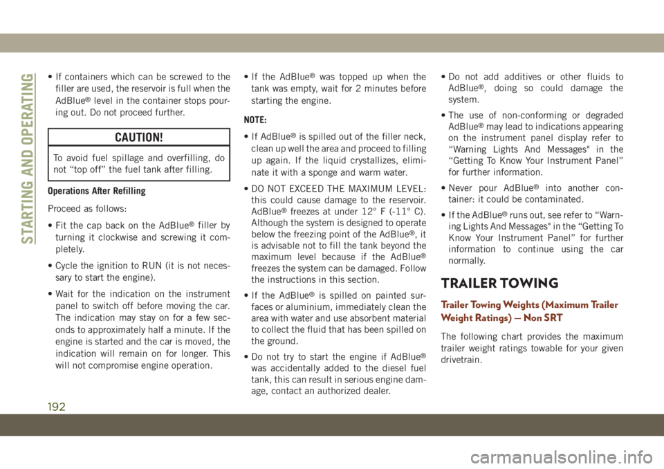 JEEP GRAND CHEROKEE 2020  Owner handbook (in English) • If containers which can be screwed to the
filler are used, the reservoir is full when the
AdBlue
®level in the container stops pour-
ing out. Do not proceed further.
CAUTION!
To avoid fuel spilla