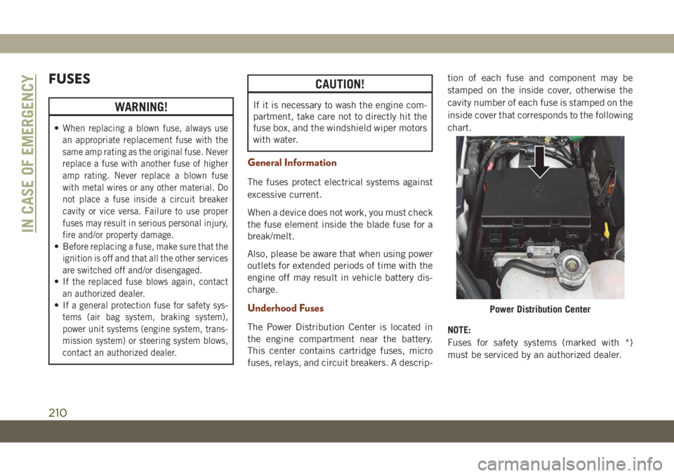 JEEP GRAND CHEROKEE 2020  Owner handbook (in English) FUSES
WARNING!
•When replacing a blown fuse, always use
an appropriate replacement fuse with the
same amp rating as the original fuse. Never
replace a fuse with another fuse of higher
amp rating. Ne