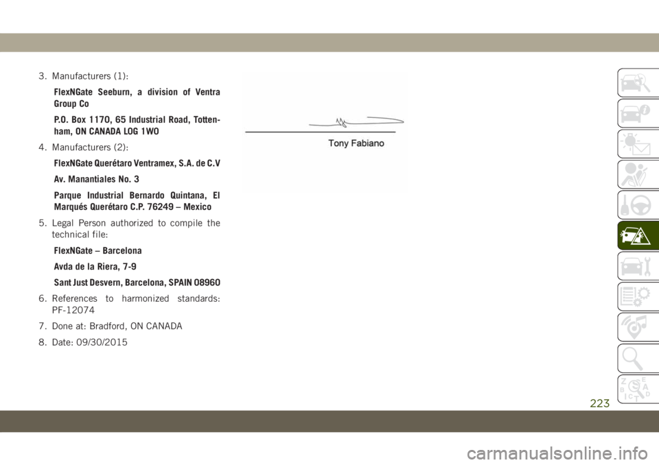 JEEP GRAND CHEROKEE 2021 Owner handbook (in English) 3. Manufacturers (1):
FlexNGate Seeburn, a division of Ventra
Group Co
P.O. Box 1170, 65 Industrial Road, Totten-
ham, ON CANADA L0G 1W0
4. Manufacturers (2):
FlexNGate Querétaro Ventramex, S.A. de C JEEP GRAND CHEROKEE 2021 Owner handbook (in English) 3. Manufacturers (1):
FlexNGate Seeburn, a division of Ventra
Group Co
P.O. Box 1170, 65 Industrial Road, Totten-
ham, ON CANADA L0G 1W0
4. Manufacturers (2):
FlexNGate Querétaro Ventramex, S.A. de C