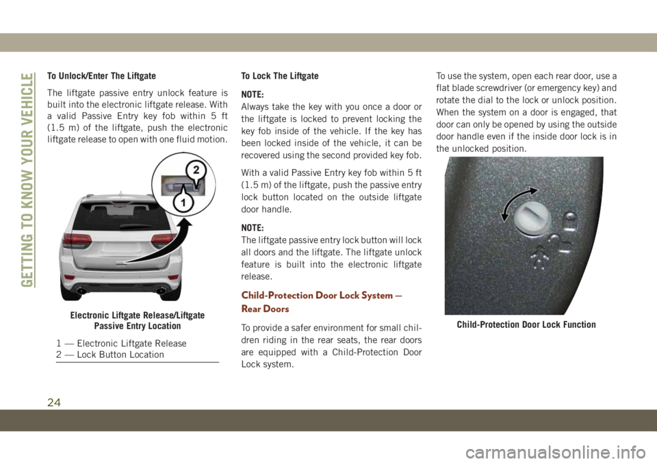 JEEP GRAND CHEROKEE 2021  Owner handbook (in English) To Unlock/Enter The Liftgate
The liftgate passive entry unlock feature is
built into the electronic liftgate release. With
a valid Passive Entry key fob within 5 ft
(1.5 m) of the liftgate, push the e