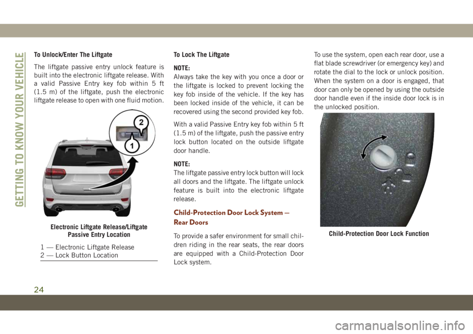 JEEP GRAND CHEROKEE 2021 Owner handbook (in English) To Unlock/Enter The Liftgate
The liftgate passive entry unlock feature is
built into the electronic liftgate release. With
a valid Passive Entry key fob within 5 ft
(1.5 m) of the liftgate, push the e JEEP GRAND CHEROKEE 2021 Owner handbook (in English) To Unlock/Enter The Liftgate
The liftgate passive entry unlock feature is
built into the electronic liftgate release. With
a valid Passive Entry key fob within 5 ft
(1.5 m) of the liftgate, push the e