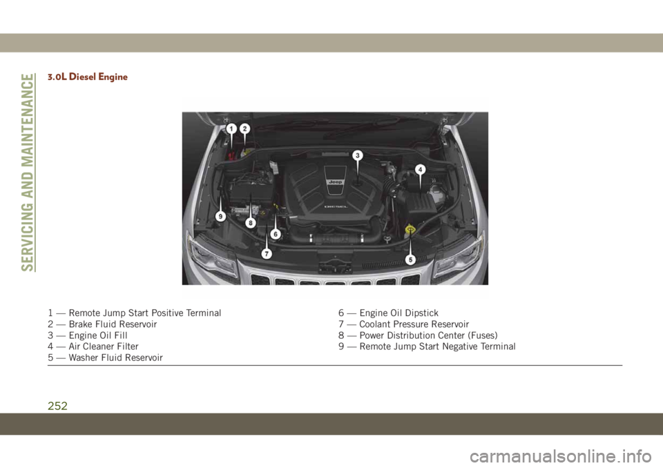 JEEP GRAND CHEROKEE 2021 Owner handbook (in English) 3.0L Diesel Engine
1 — Remote Jump Start Positive Terminal 6 — Engine Oil Dipstick
2 — Brake Fluid Reservoir 7 — Coolant Pressure Reservoir
3 — Engine Oil Fill 8 — Power Distribution Cente JEEP GRAND CHEROKEE 2021 Owner handbook (in English) 3.0L Diesel Engine
1 — Remote Jump Start Positive Terminal 6 — Engine Oil Dipstick
2 — Brake Fluid Reservoir 7 — Coolant Pressure Reservoir
3 — Engine Oil Fill 8 — Power Distribution Cente