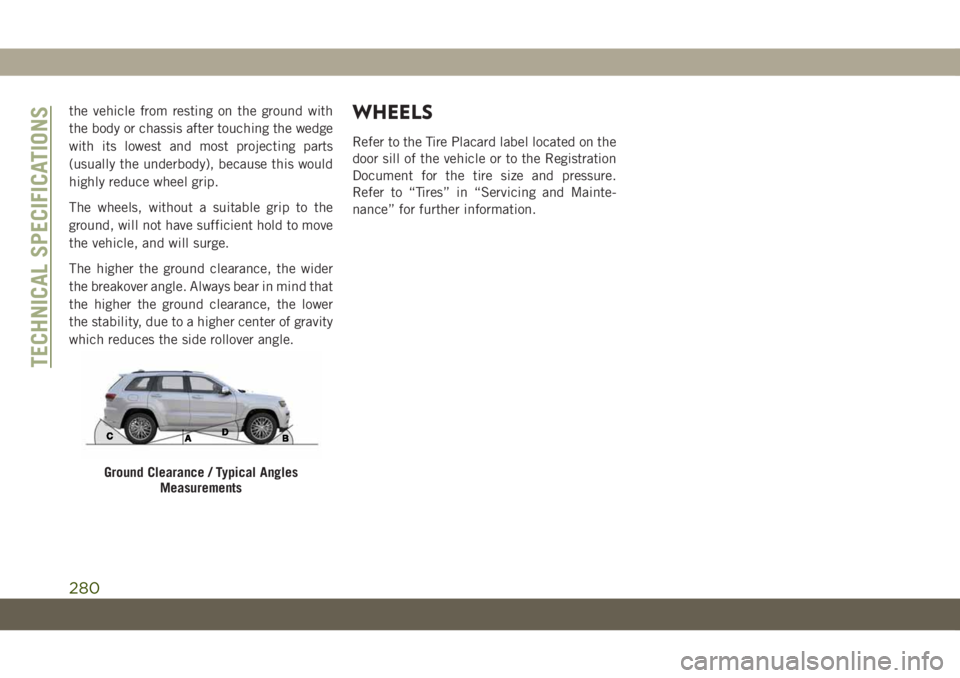 JEEP GRAND CHEROKEE 2019  Owner handbook (in English) the vehicle from resting on the ground with
the body or chassis after touching the wedge
with its lowest and most projecting parts
(usually the underbody), because this would
highly reduce wheel grip.