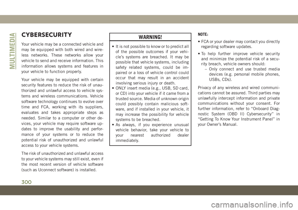JEEP GRAND CHEROKEE 2020 Owner handbook (in English) CYBERSECURITY
Your vehicle may be a connected vehicle and
may be equipped with both wired and wire-
less networks. These networks allow your
vehicle to send and receive information. This
information a JEEP GRAND CHEROKEE 2020 Owner handbook (in English) CYBERSECURITY
Your vehicle may be a connected vehicle and
may be equipped with both wired and wire-
less networks. These networks allow your
vehicle to send and receive information. This
information a