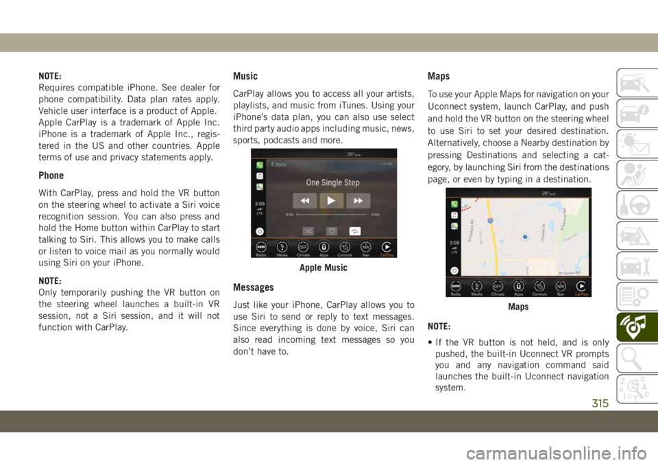 JEEP GRAND CHEROKEE 2020  Owner handbook (in English) NOTE:
Requires compatible iPhone. See dealer for
phone compatibility. Data plan rates apply.
Vehicle user interface is a product of Apple.
Apple CarPlay is a trademark of Apple Inc.
iPhone is a tradem