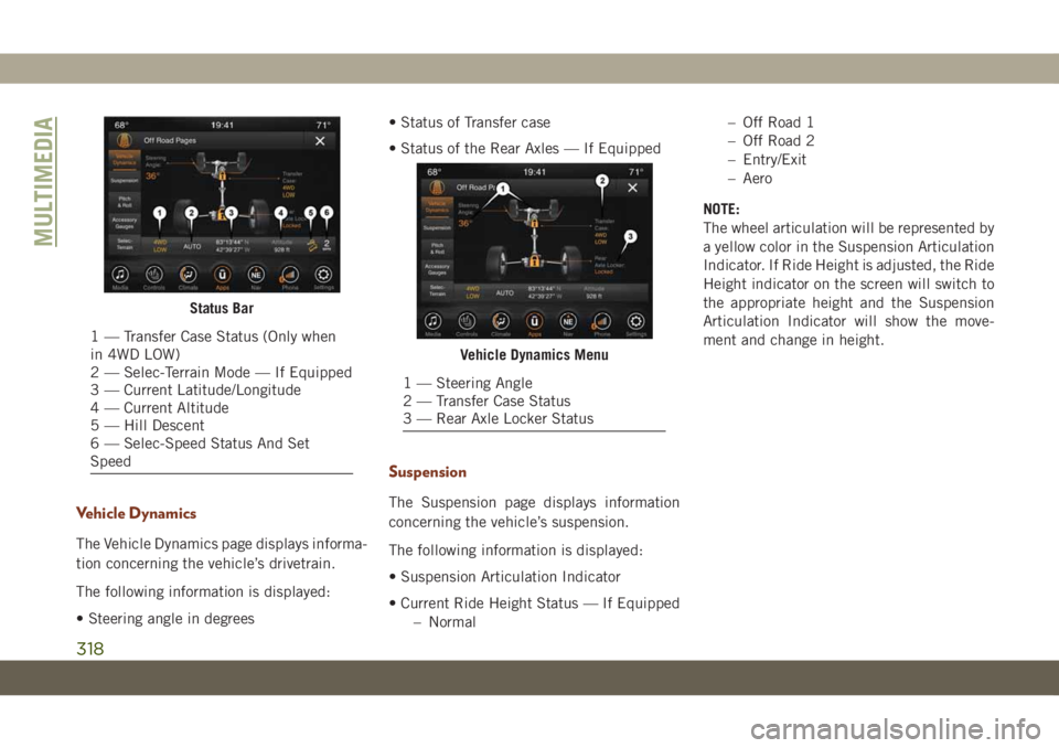 JEEP GRAND CHEROKEE 2020 Owner handbook (in English) Vehicle Dynamics
The Vehicle Dynamics page displays informa-
tion concerning the vehicle’s drivetrain.
The following information is displayed:
• Steering angle in degrees• Status of Transfer cas JEEP GRAND CHEROKEE 2020 Owner handbook (in English) Vehicle Dynamics
The Vehicle Dynamics page displays informa-
tion concerning the vehicle’s drivetrain.
The following information is displayed:
• Steering angle in degrees• Status of Transfer cas