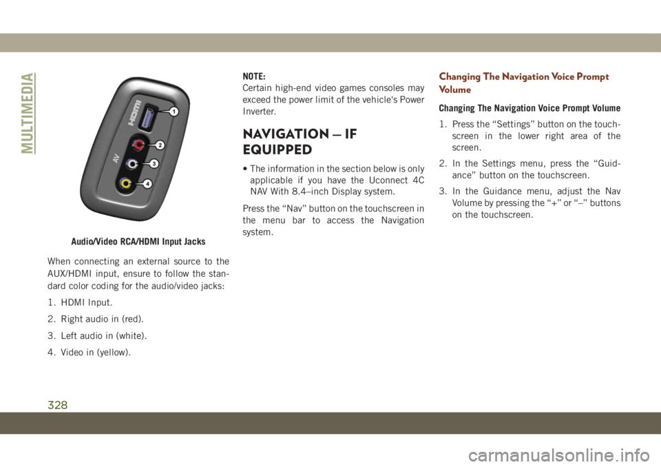 JEEP GRAND CHEROKEE 2020  Owner handbook (in English) When connecting an external source to the
AUX/HDMI input, ensure to follow the stan-
dard color coding for the audio/video jacks:
1. HDMI Input.
2. Right audio in (red).
3. Left audio in (white).
4. V