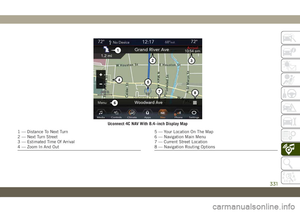 JEEP GRAND CHEROKEE 2020 Owner handbook (in English) Uconnect 4C NAV With 8.4–inch Display Map
1 — Distance To Next Turn
2 — Next Turn Street
3 — Estimated Time Of Arrival
4 — Zoom In And Out5 — Your Location On The Map
6 — Navigation Main JEEP GRAND CHEROKEE 2020 Owner handbook (in English) Uconnect 4C NAV With 8.4–inch Display Map
1 — Distance To Next Turn
2 — Next Turn Street
3 — Estimated Time Of Arrival
4 — Zoom In And Out5 — Your Location On The Map
6 — Navigation Main