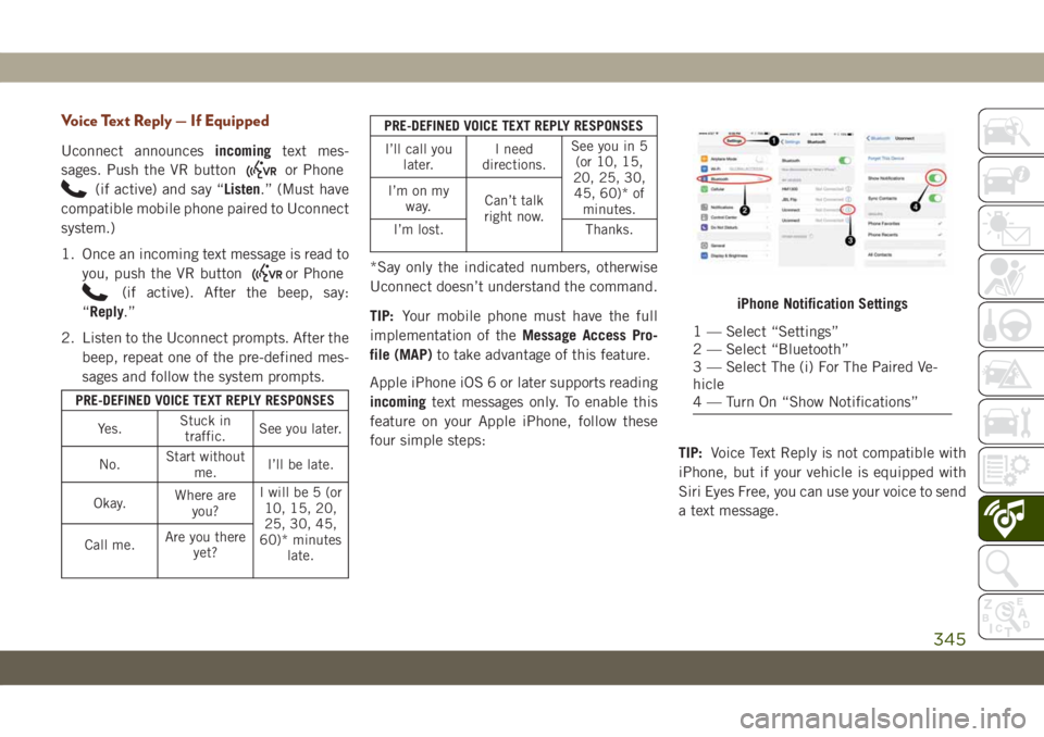 JEEP GRAND CHEROKEE 2021 Owner handbook (in English) Voice Text Reply — If Equipped
Uconnect announcesincomingtext mes-
sages. Push the VR button
or Phone
(if active) and say “Listen.” (Must have
compatible mobile phone paired to Uconnect
system.) JEEP GRAND CHEROKEE 2021 Owner handbook (in English) Voice Text Reply — If Equipped
Uconnect announcesincomingtext mes-
sages. Push the VR button
or Phone
(if active) and say “Listen.” (Must have
compatible mobile phone paired to Uconnect
system.)