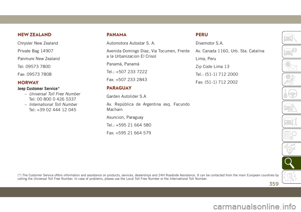 JEEP GRAND CHEROKEE 2020 Owner handbook (in English) NEW ZEALAND
Chrysler New Zealand
Private Bag 14907
Panmure New Zealand
Tel: 09573 7800
Fax: 09573 7808
NORWAY
Jeep Customer Service*
–Universal Toll Free Number
Tel: 00 800 0 426 5337
–Internation JEEP GRAND CHEROKEE 2020 Owner handbook (in English) NEW ZEALAND
Chrysler New Zealand
Private Bag 14907
Panmure New Zealand
Tel: 09573 7800
Fax: 09573 7808
NORWAY
Jeep Customer Service*
–Universal Toll Free Number
Tel: 00 800 0 426 5337
–Internation