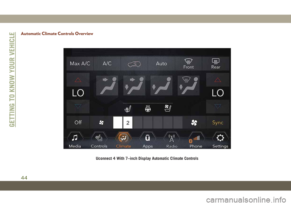 JEEP GRAND CHEROKEE 2021 Owner handbook (in English) Automatic Climate Controls Overview
Uconnect 4 With 7–inch Display Automatic Climate Controls
GETTING TO KNOW YOUR VEHICLE
44 JEEP GRAND CHEROKEE 2021 Owner handbook (in English) Automatic Climate Controls Overview
Uconnect 4 With 7–inch Display Automatic Climate Controls
GETTING TO KNOW YOUR VEHICLE
44