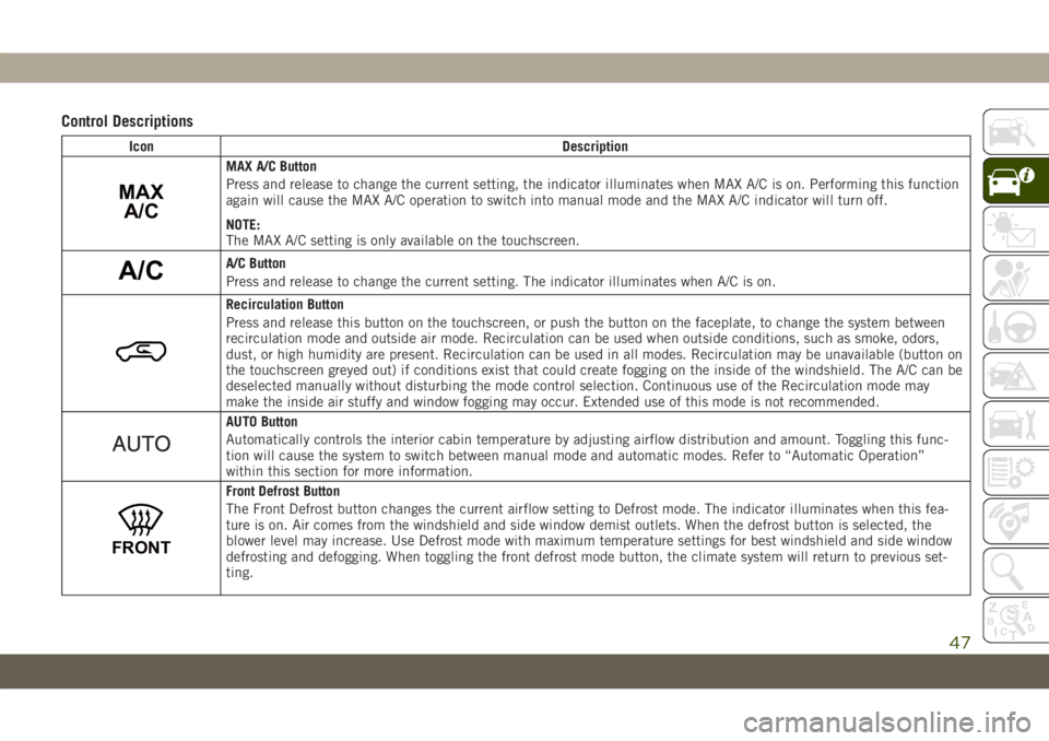 JEEP GRAND CHEROKEE 2021 Owner handbook (in English) Control Descriptions
Icon Description
MAX
A/C
MAX A/C Button
Press and release to change the current setting, the indicator illuminates when MAX A/C is on. Performing this function
again will cause th JEEP GRAND CHEROKEE 2021 Owner handbook (in English) Control Descriptions
Icon Description
MAX
A/C
MAX A/C Button
Press and release to change the current setting, the indicator illuminates when MAX A/C is on. Performing this function
again will cause th