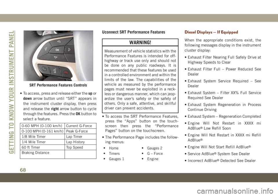 JEEP GRAND CHEROKEE 2020  Owner handbook (in English) • To access, press and release either theupor
downarrow button until “SRT” appears in
the instrument cluster display, then press
and release therightarrow button to cycle
through the features. P