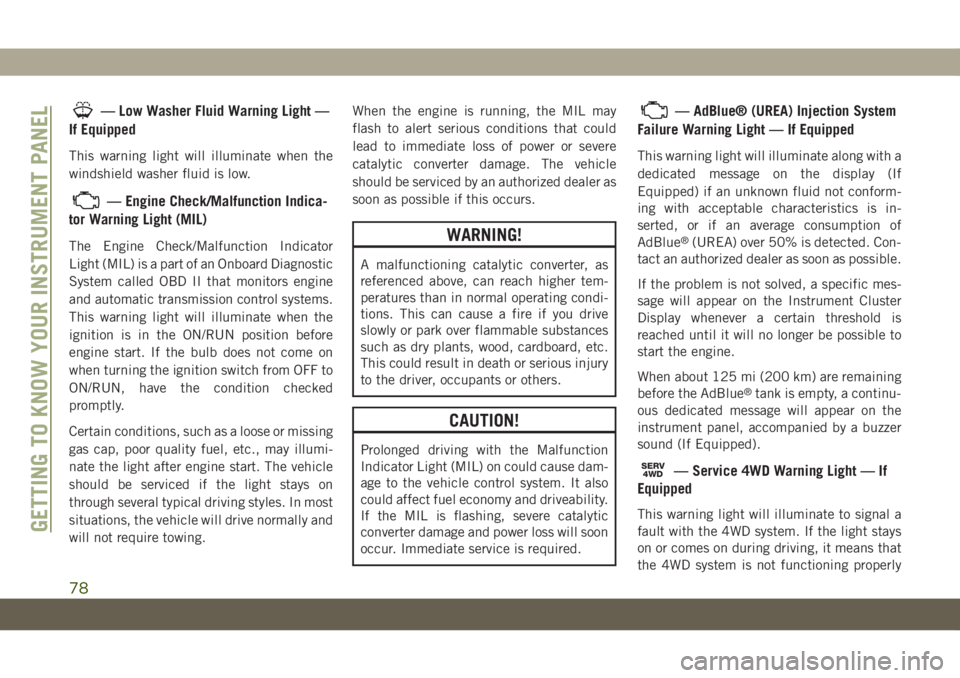 JEEP GRAND CHEROKEE 2021 Owner handbook (in English) — Low Washer Fluid Warning Light —
If Equipped
This warning light will illuminate when the
windshield washer fluid is low.
— Engine Check/Malfunction Indica-
tor Warning Light (MIL)
The Engine C JEEP GRAND CHEROKEE 2021 Owner handbook (in English) — Low Washer Fluid Warning Light —
If Equipped
This warning light will illuminate when the
windshield washer fluid is low.
— Engine Check/Malfunction Indica-
tor Warning Light (MIL)
The Engine C
