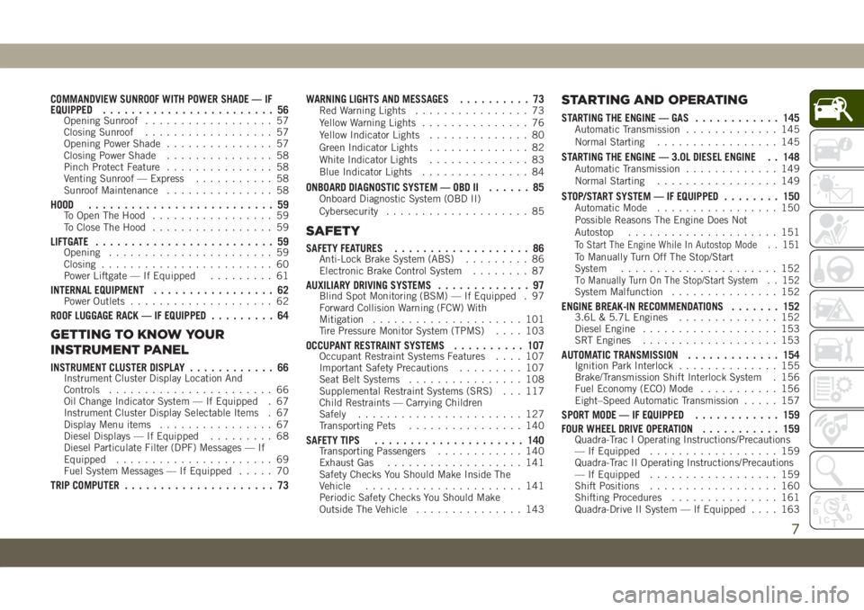 JEEP GRAND CHEROKEE 2020  Owner handbook (in English) COMMANDVIEW SUNROOF WITH POWER SHADE — IF
EQUIPPED........................ 56
Opening Sunroof.................. 57
Closing Sunroof.................. 57
Opening Power Shade............... 57
Closing 