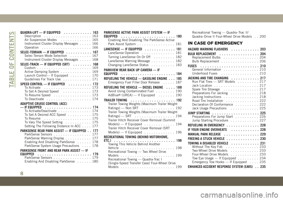 JEEP GRAND CHEROKEE 2021  Owner handbook (in English) QUADRA-LIFT — IF EQUIPPED............ 163Description.................... 163
Air Suspension Modes............. 165
Instrument Cluster Display Messages..... 166
Operation..................... 166
SEL