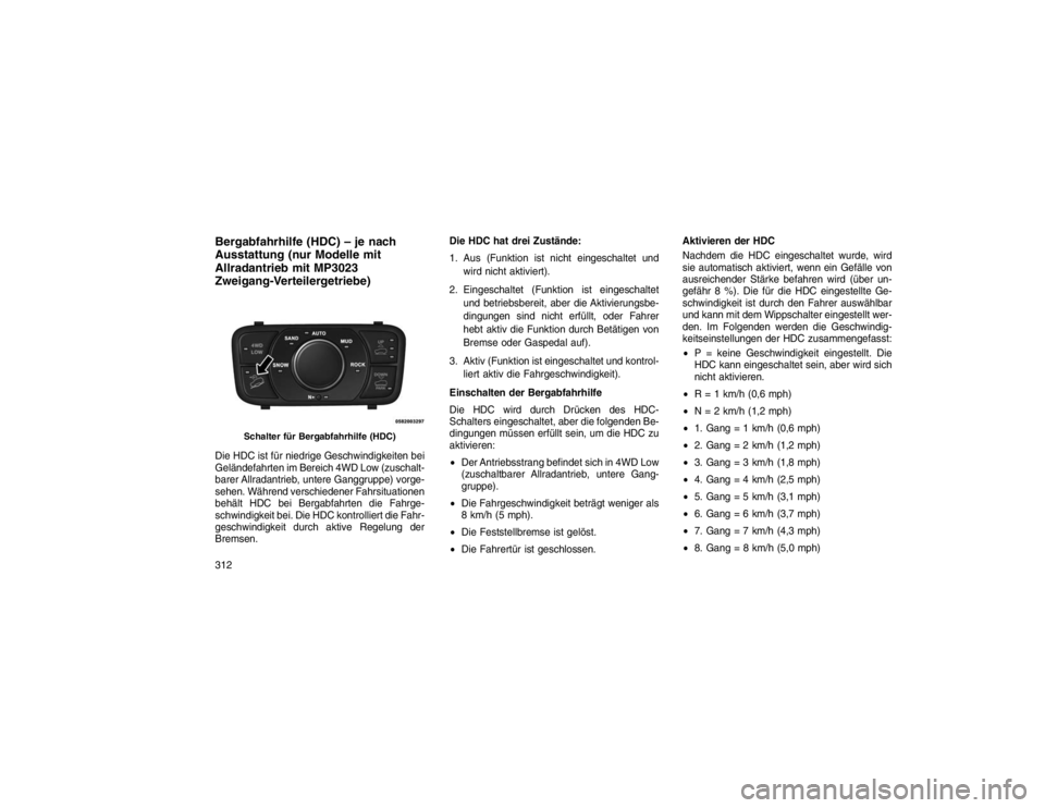 JEEP GRAND CHEROKEE 2015 Betriebsanleitung (in German) Bergabfahrhilfe (HDC) – je nach
Ausstattung (nur Modelle mit
Allradantrieb mit MP3023
Zweigang-Verteilergetriebe)Die HDC ist für niedrige Geschwindigkeiten bei
Geländefahrten im Bereich 4WD Low (z JEEP GRAND CHEROKEE 2015 Betriebsanleitung (in German) Bergabfahrhilfe (HDC) – je nach
Ausstattung (nur Modelle mit
Allradantrieb mit MP3023
Zweigang-Verteilergetriebe)Die HDC ist für niedrige Geschwindigkeiten bei
Geländefahrten im Bereich 4WD Low (z
