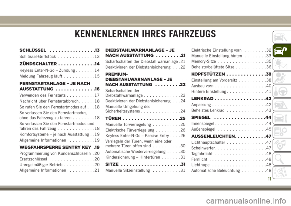 JEEP GRAND CHEROKEE 2017 Betriebsanleitung (in German) KENNENLERNEN IHRES FAHRZEUGS
SCHLÜSSEL................13
Schlüssel-Griffstück.............13
ZÜNDSCHALTER.............14
Keyless Enter-N-Go – Zündung.......14
Meldung Fahrzeug läuft........... JEEP GRAND CHEROKEE 2017 Betriebsanleitung (in German) KENNENLERNEN IHRES FAHRZEUGS
SCHLÜSSEL................13
Schlüssel-Griffstück.............13
ZÜNDSCHALTER.............14
Keyless Enter-N-Go – Zündung.......14
Meldung Fahrzeug läuft...........