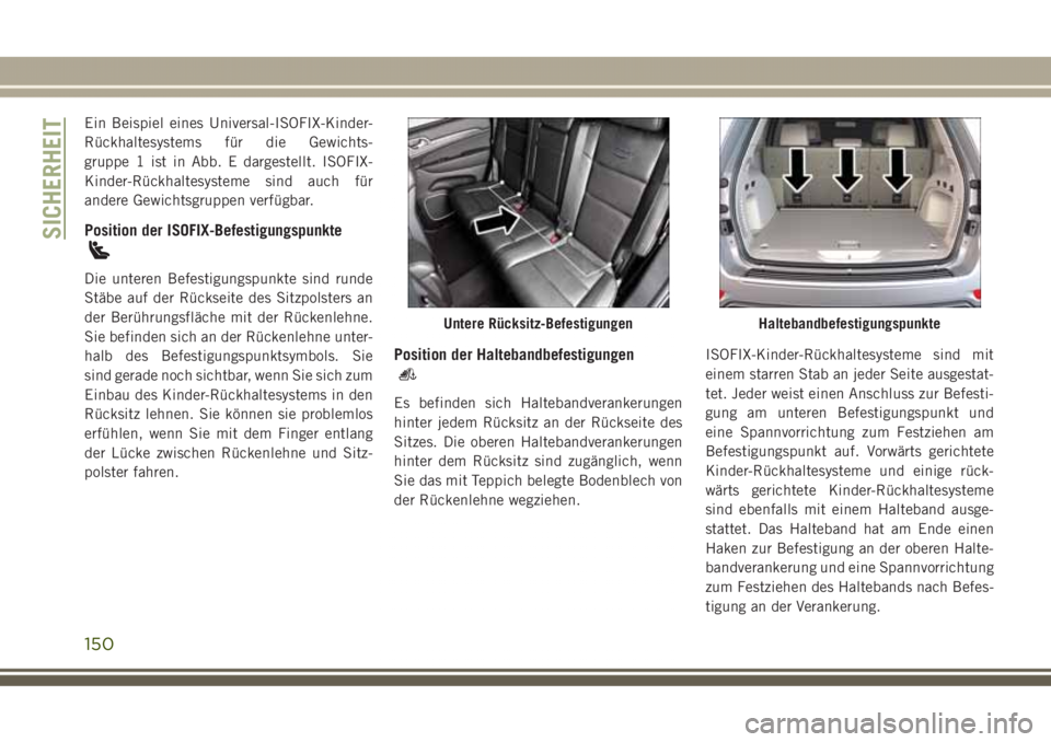 JEEP GRAND CHEROKEE 2017 Betriebsanleitung (in German) Ein Beispiel eines Universal-ISOFIX-Kinder-
Rückhaltesystems für die Gewichts-
gruppe 1 ist in Abb. E dargestellt. ISOFIX-
Kinder-Rückhaltesysteme sind auch für
andere Gewichtsgruppen verfügbar.
JEEP GRAND CHEROKEE 2017 Betriebsanleitung (in German) Ein Beispiel eines Universal-ISOFIX-Kinder-
Rückhaltesystems für die Gewichts-
gruppe 1 ist in Abb. E dargestellt. ISOFIX-
Kinder-Rückhaltesysteme sind auch für
andere Gewichtsgruppen verfügbar.