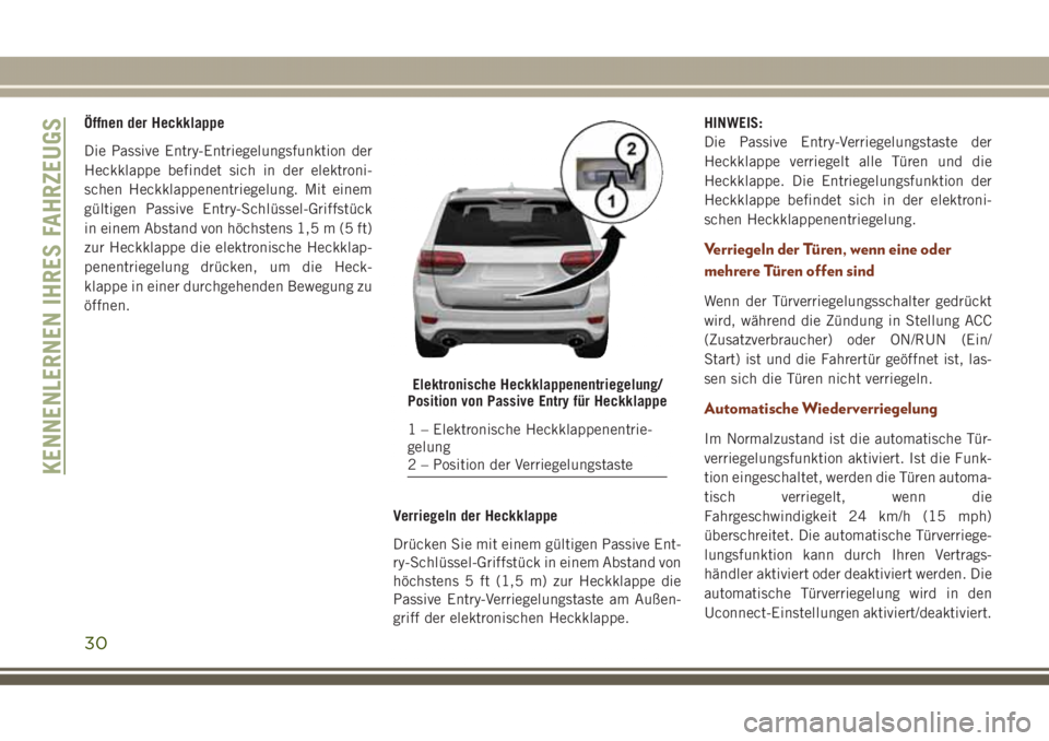 JEEP GRAND CHEROKEE 2017 Betriebsanleitung (in German) Öffnen der Heckklappe
Die Passive Entry-Entriegelungsfunktion der
Heckklappe befindet sich in der elektroni-
schen Heckklappenentriegelung. Mit einem
gültigen Passive Entry-Schlüssel-Griffstück
in JEEP GRAND CHEROKEE 2017 Betriebsanleitung (in German) Öffnen der Heckklappe
Die Passive Entry-Entriegelungsfunktion der
Heckklappe befindet sich in der elektroni-
schen Heckklappenentriegelung. Mit einem
gültigen Passive Entry-Schlüssel-Griffstück
in